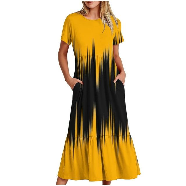 LOVZFMLL Robe Imprimée à Manches Courtes à Col Rond pour Femme Jaune 2TG