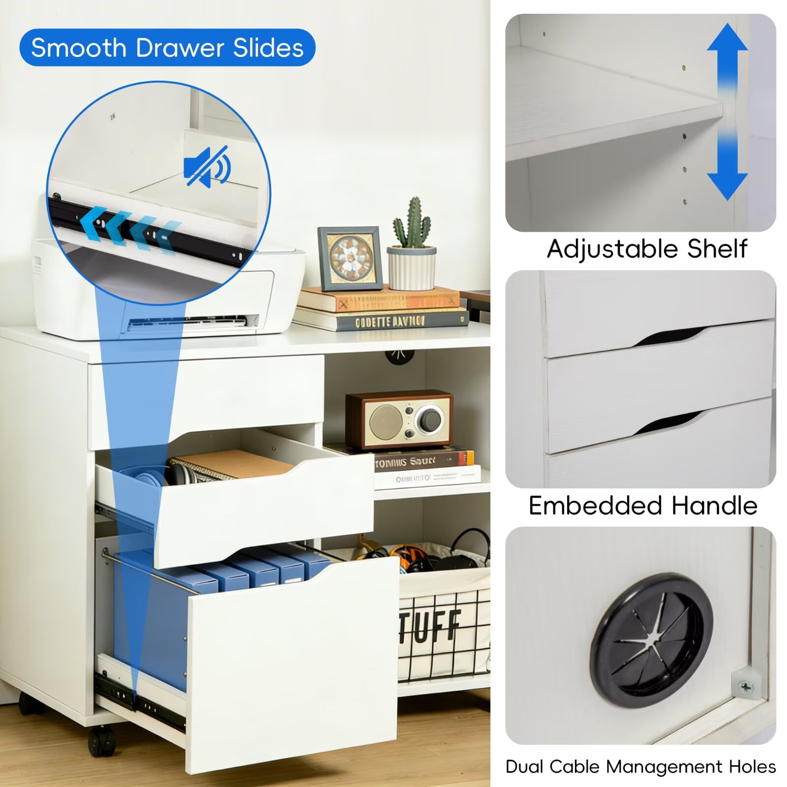 YRLLENSDAN Rolling File Cabinet with Shelves, Wooden Storage Cabinet with 3 Drawers, Lateral Printer Stand with Storage for Home office, White
