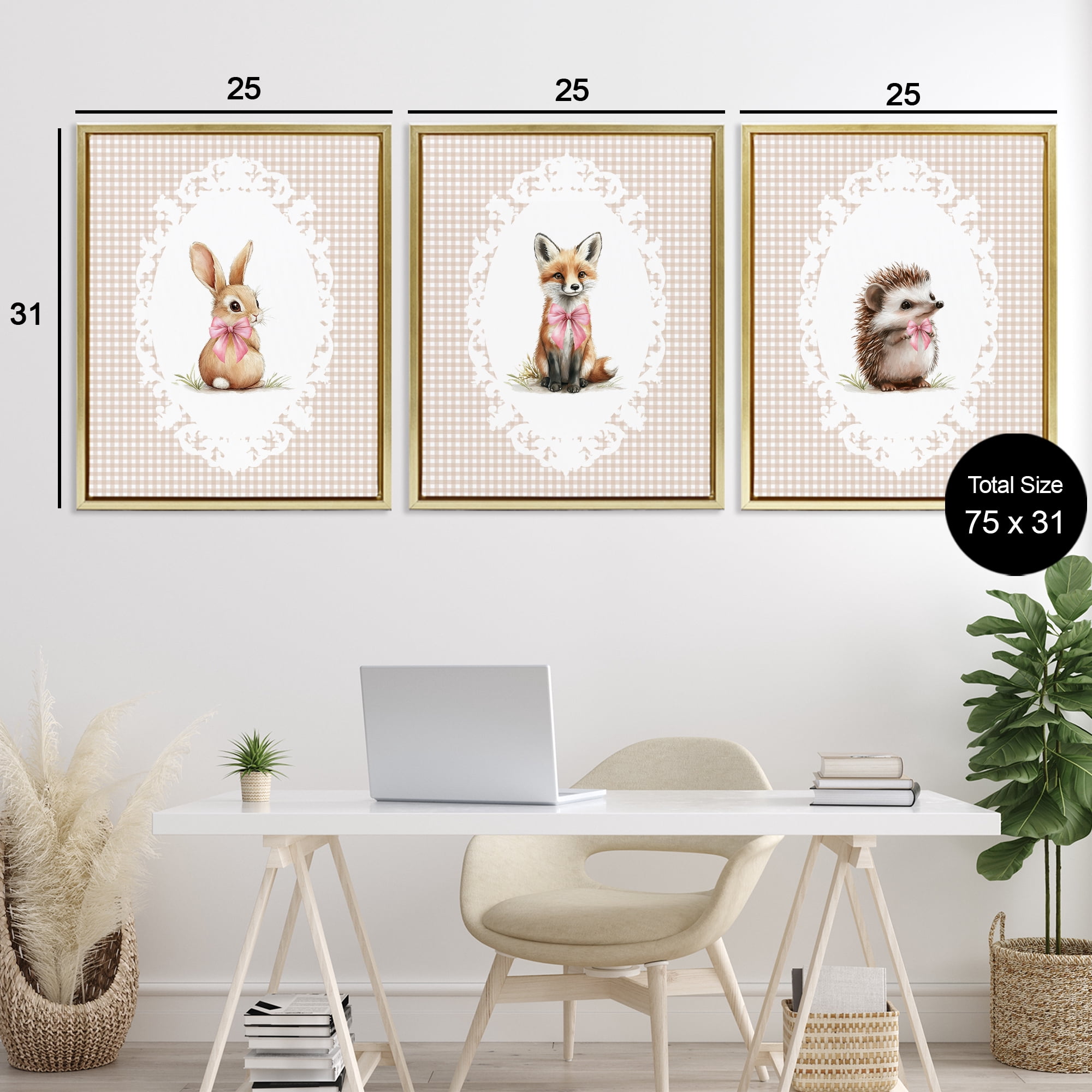 Stupell Industries Vintage Baby Bow Animals 3 Piece Gold Framed Floater Canvas Set, design by Christine Simpson Art