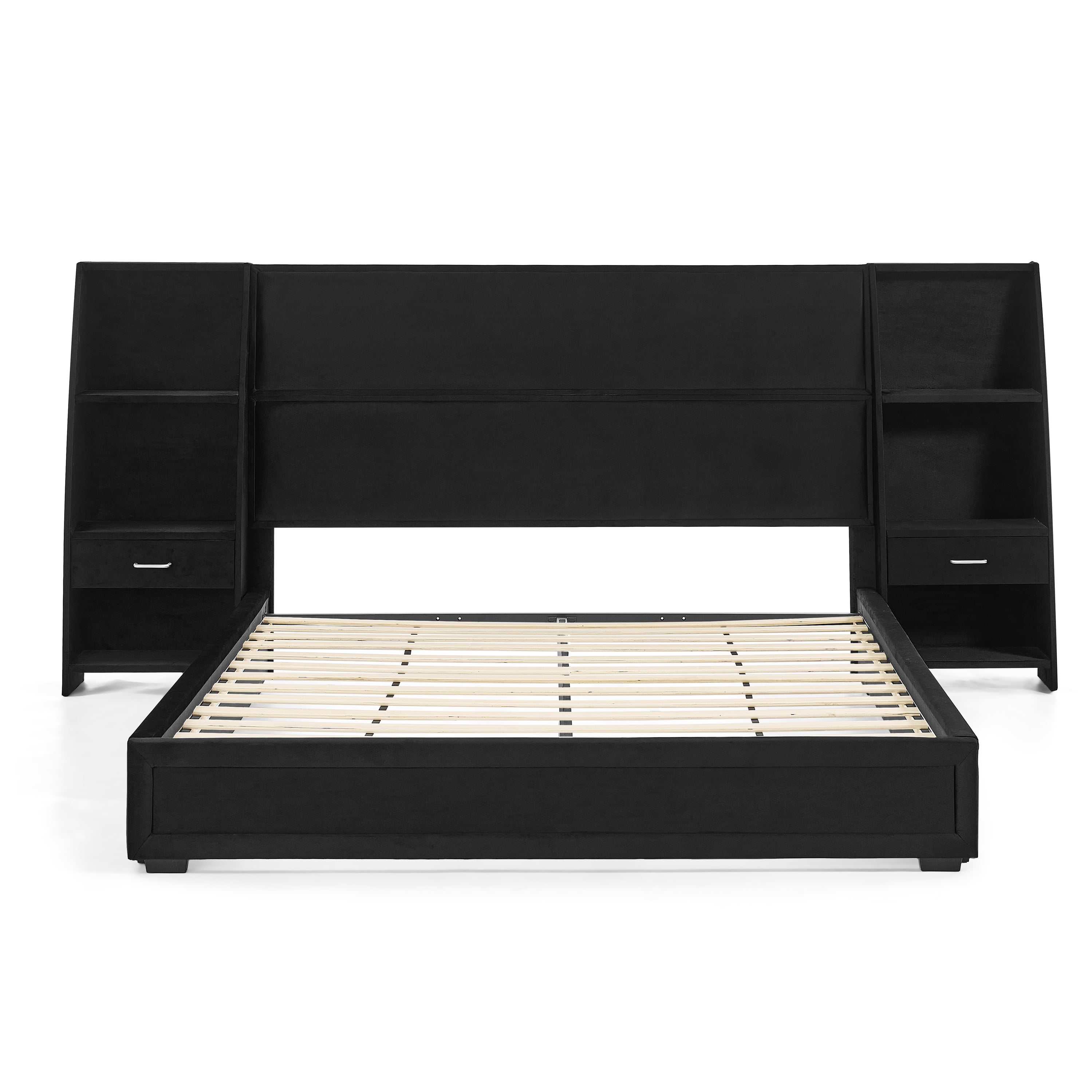 Queen Size Platform Bed Frame with Glossy Velvet Headboard, Side Bookcases & Drawer