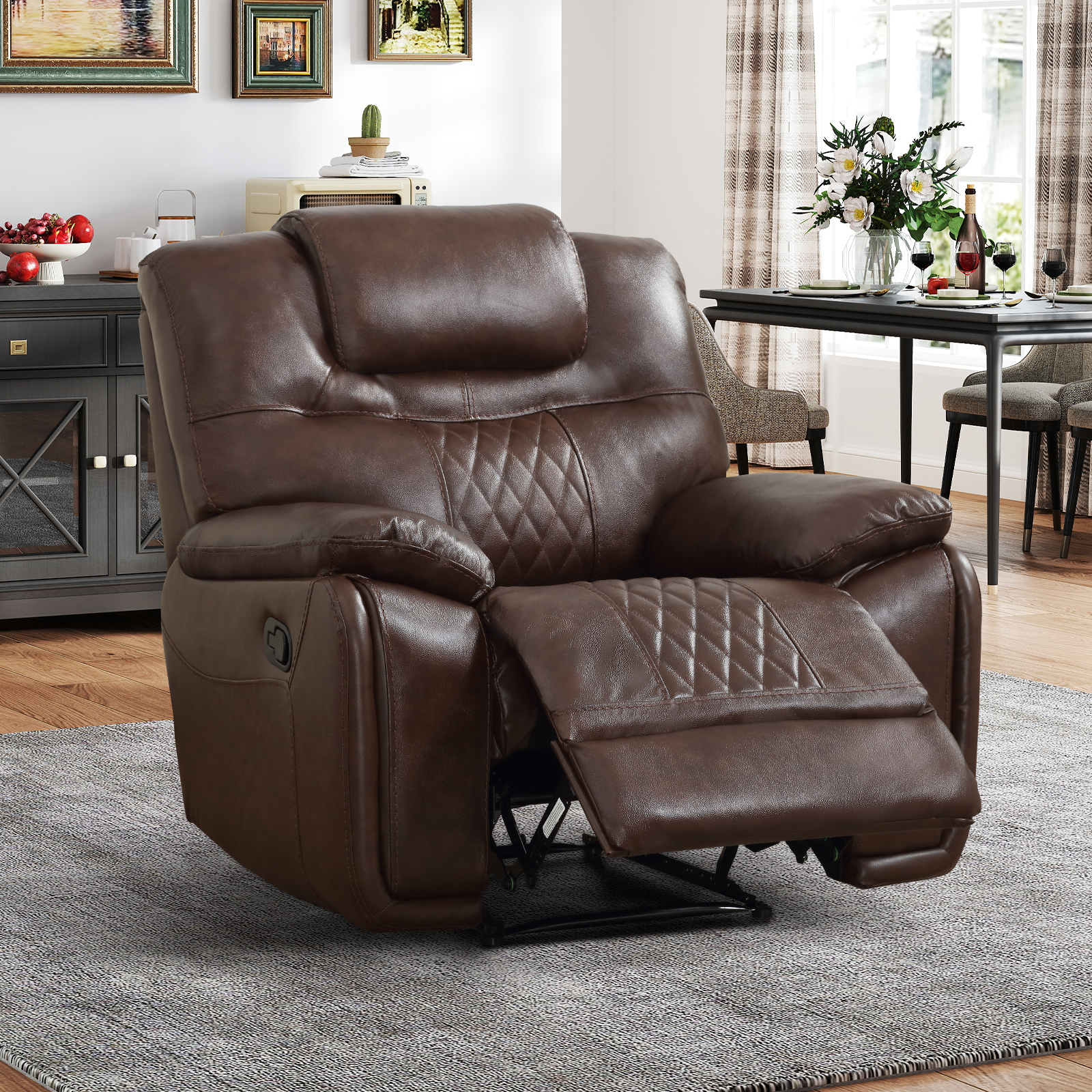 Bonzy Home Genuine Leather Manual Recliner Chair — Oversized Ergonomic Single Recliner with Soft Armrests & Flexible Footrest for Living Room