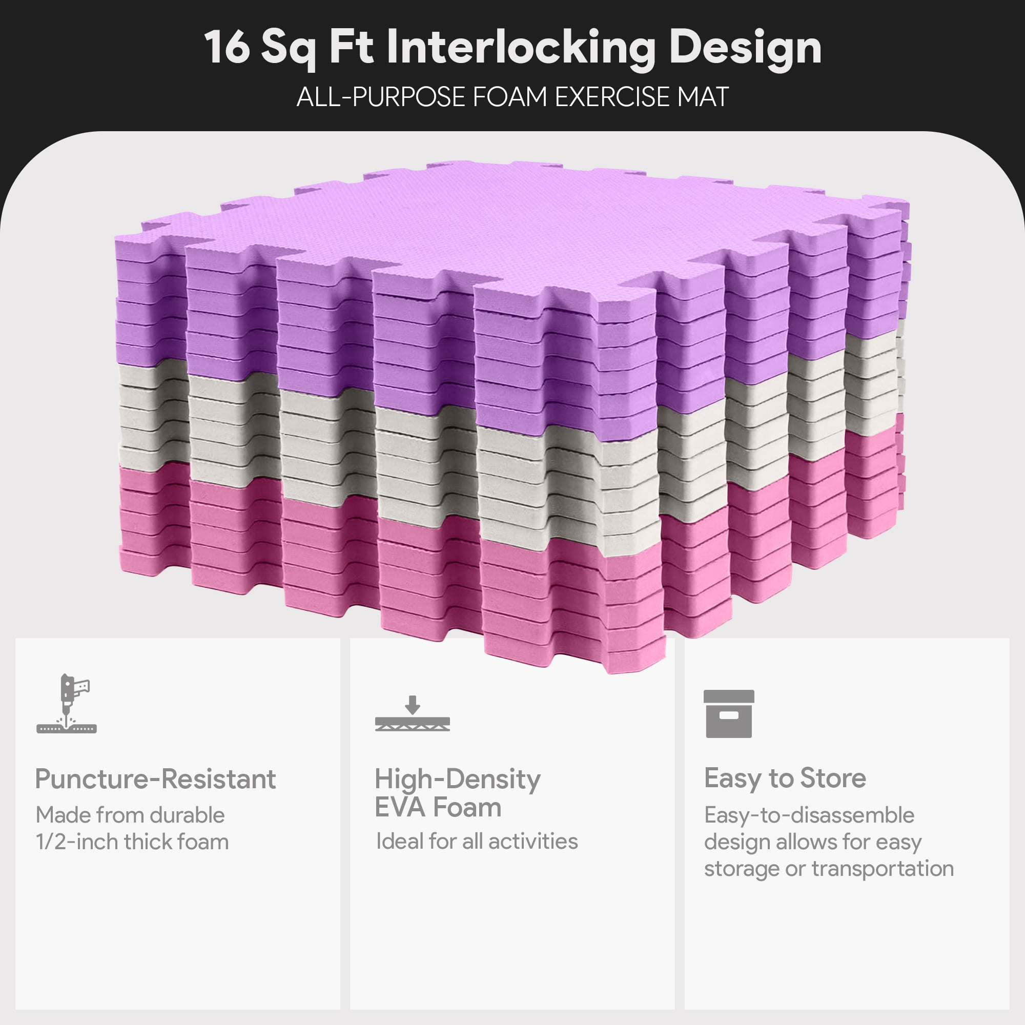 BalanceFrom 16-Pack 12”x12” Interlocking Puzzle Play Mat, 0.4” Thick, Pink/Purple/Beige