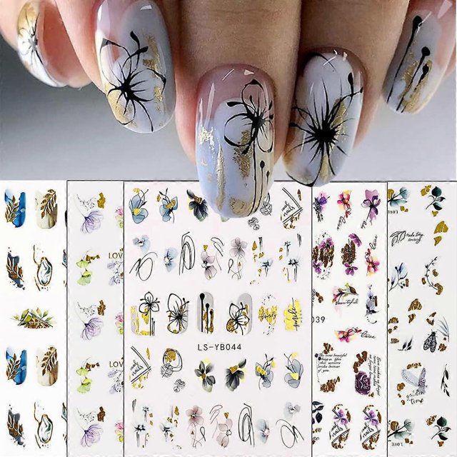 pegatinas autoadhesivas con diseño de flores y mariposas para decoración de uñas, diseño de mariposas y acuarela.
