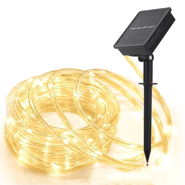 Guirnalda de luces solares para exteriores, 10 m, 100 LED, 8 modos, cable de cobre, cuerda de PVC impermeable para jardines, árboles de Navidad y decoración de interiores (blanco cálido)