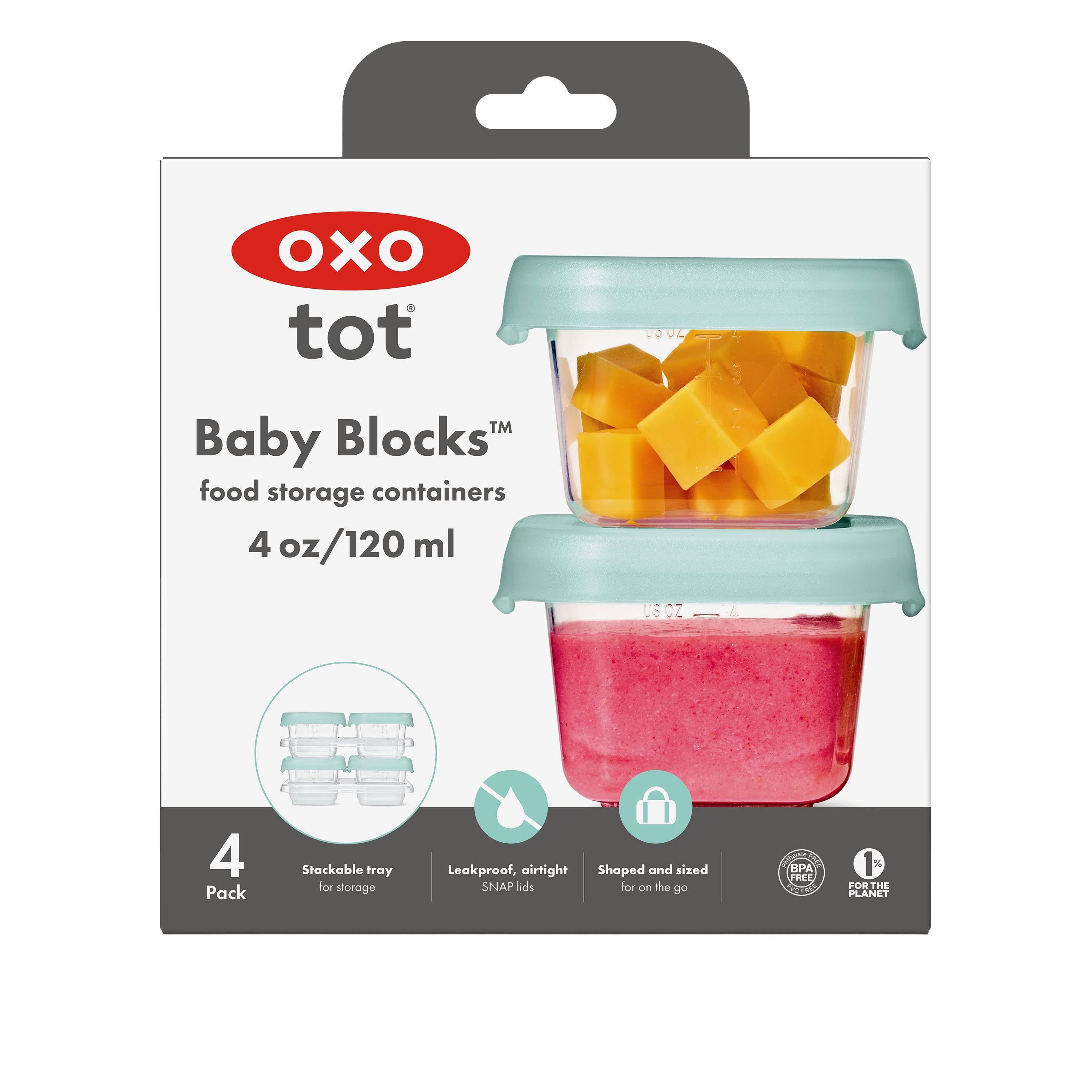 OXO Tot Baby Blocks Food Storage Containers 4 oz, Opal, 4-Pack, For Infants Ages 0-12 Months