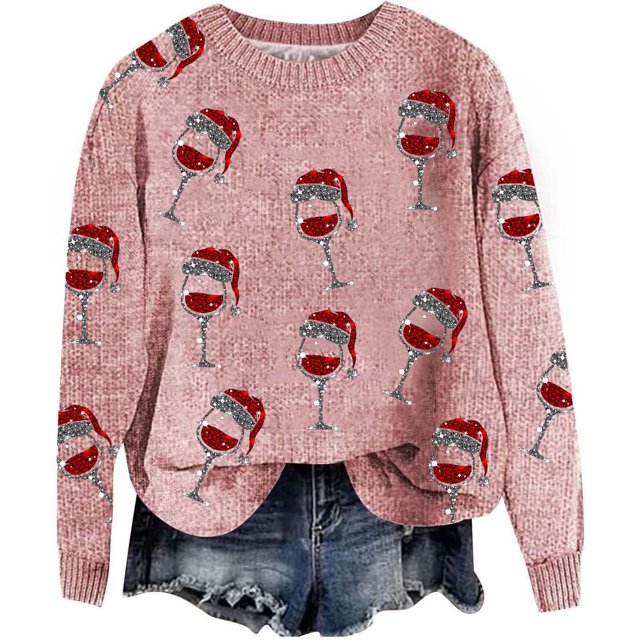 WEAIXIMIUNG Sweatshirts Courts Mode Automne/hiver pour Femmes Pull Extérieur Col Rond Imprimé de Noël Pull à Capuche Tricoté Grossier