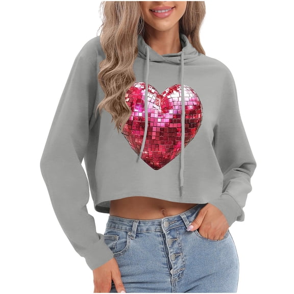 Tmtolofot Valentine's Heart Print Hoodies for Women Slim Cropped Hoodie Casual Hooded Sweatshirts Fashion Long Sleeve Pullover Tops Holiday Outfits Outwear New Years Eve Outfits Women Gray XXL