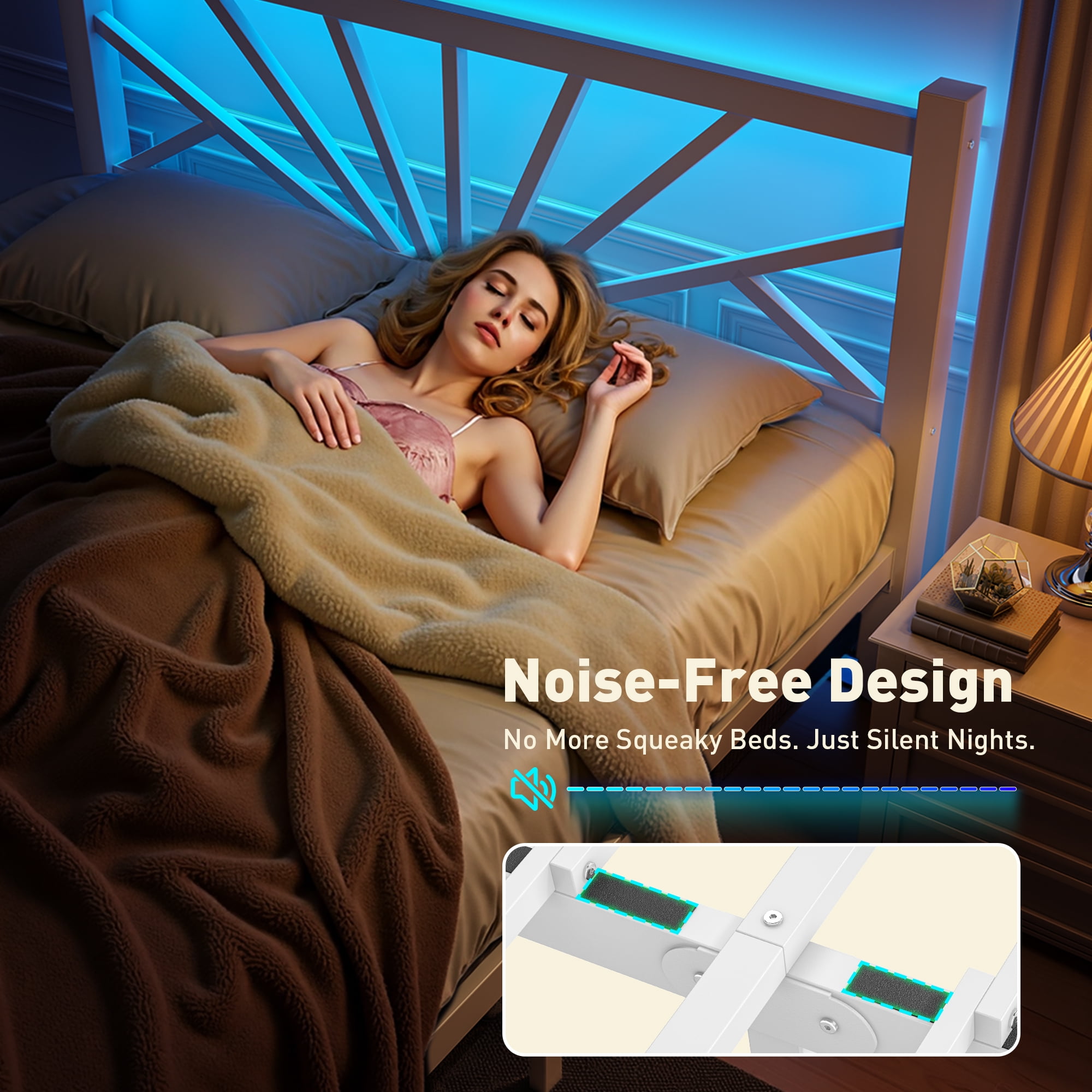 EnHomee Queen Size Metal Bed Frame with Headboard Metal Platform Bed Frame with LED Lights Bed Frame Queen with Storage Underbed, Noise Free, No Box Spring,White