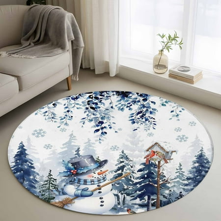 Blue Snowman Christmas Round Rug 3ft Washable Circle Entryway Rugs Non Slip Xmas Tree Forest Eucalyptus Leaves Area Rug Indoor Floor Carpet for Bedroom Kitchen Living Room Office Dining Room Nursery