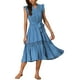 thumbnail image 4 of Vestido de verano sin mangas INSPIRE CHIC para mujer, vestido de línea A con escote en V, volantes y cinturón, color azul, 4 of 6