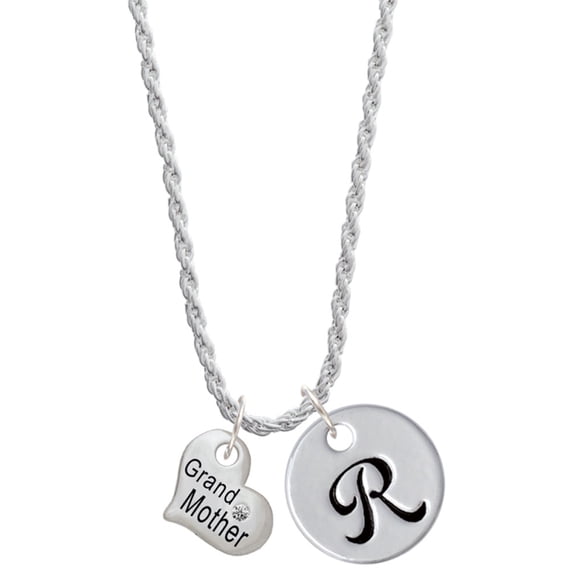 Delight Jewelry Silvertone Small ''Grandmother'' Heart with Clear Crystal Silvertone Script Initial Disc - R - Charm Necklace, 20"+3"
