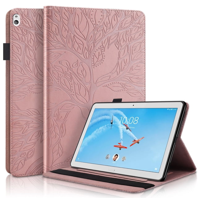 Tree of Life Embossed Case for Lenovo Tab m10 Stand, Card Slots, Stylus Loop Gold