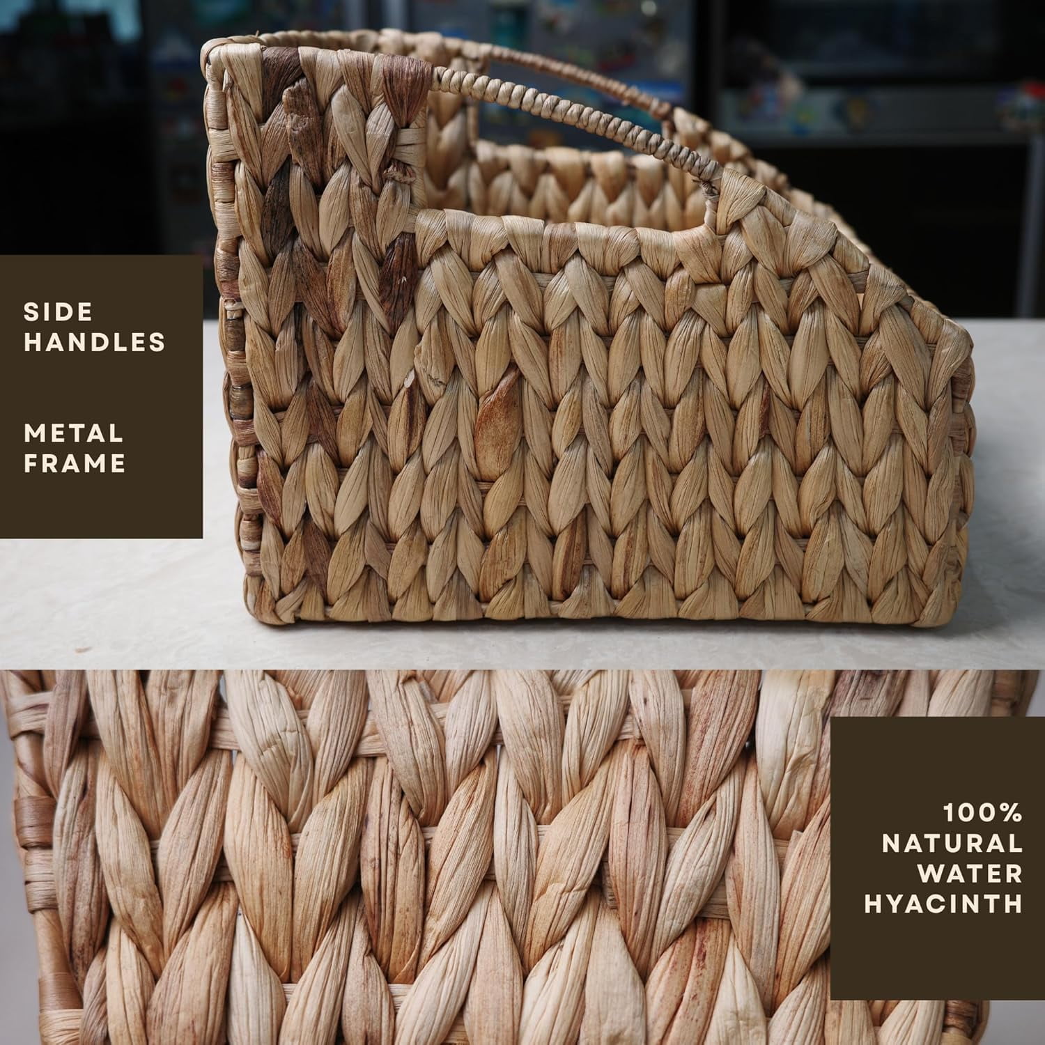 JAVANTI KAYU - Handmade Water Hyacinth Wicker Pantry Organizer Bin – Slanted Front Storage Basket for Kitchen, Shelves, Closet, Food & Snack – Natural, Durable, Decorative (1, 10" x 9" x 8")