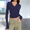 thumbnail image 3 of Trendy Long Sleeve Shirts for Women Fall Fashion V Neck Crop Slim Fitted Y2K Tops Outfits Clothes Dark Blue XL, 3 of 5