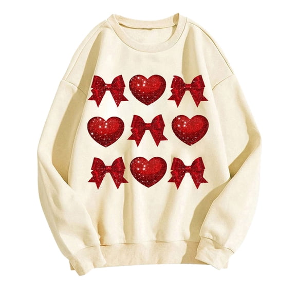 Goodeals 2025 Valentine's Day Sweatshirt Womens Bow Shirt Cute Lover Heart Graphic Long Sleeve Crewneck Pullover Trendy Spring Clothes Tops(Beige,XXL)Clearance Sale