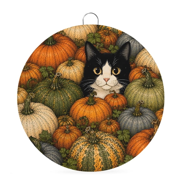 Welcome Sign for Front Door, Fall Pumpkin Round Metal Wall Art Wreaths, Autumn Thanksgiving Leaves Cats Rustic Outdoor Indoor Wall Hanging Sign for Porch Decor Housewarming Gifts 7.9 Inch