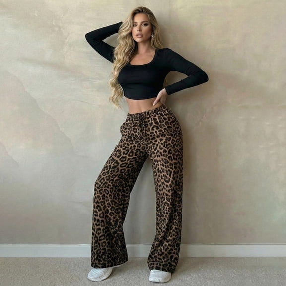 Wide Leg Pants for Women Leopard Print High Waist Drawstring Trousers Loose Straight Casual Womens Pants Coffee L