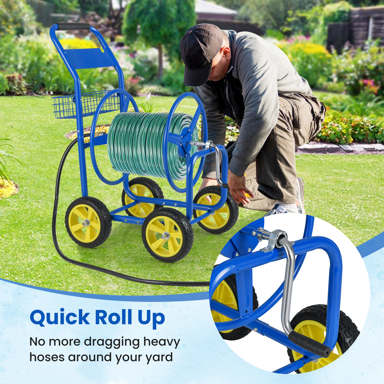 Gymax Garden Hose Reel Cart 300 FT of 5/8'' Large Capacity Heavy-Duty Metal Hose Cart Blue