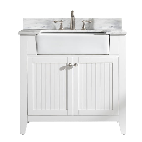 Burbank 36" Single Sink Bathroom Vanity Set in White with Carrara Marble Top and Farmhouse Sink - No Assembly Required