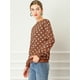 thumbnail image 4 of Jersey de punto Allegra K de Lunares de Manga Larga con cuello redondo Elástico de Invierno otoño para Mujer Rojo ladrillo S, 4 of 6