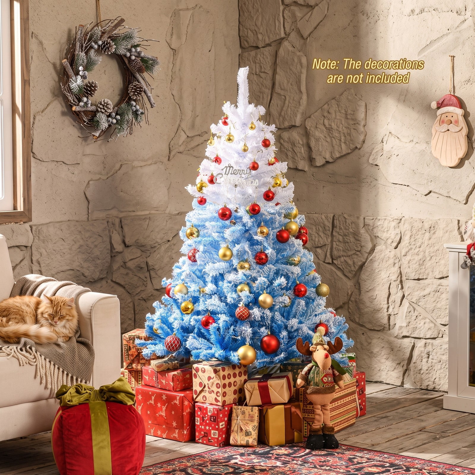 RUIE 5FT Artificial Christmas Tree, 456 Branch Tips Snow-Flocked Gradient Pine Xmas Tree with Folding Metal Stand for Home Office Holiday Decor, White & Blue
