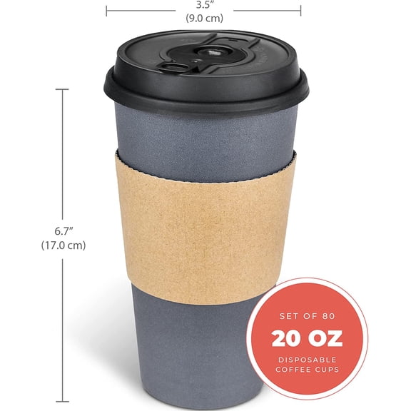 20oz Disposable Coffee Cups with Lids - Insulated Paper To-Go Travel Cups for Hot Cold Drinks, Dusk Grey, 80 Count