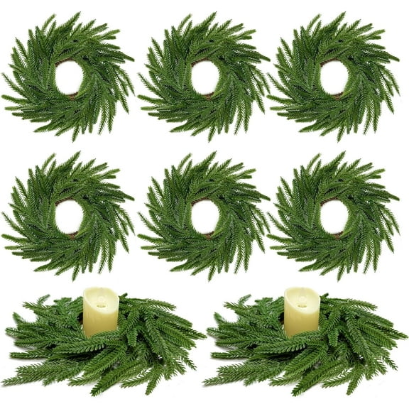 Guvpev 13.5 Inch Norfolk Pine Wreath Candle Rings, 6 Pcs Realistic Soft and Full Mini Christmas Wreath Table Centerpieces Candle Wreaths for Pillar Candles Cedar Small Wreaths for Cabinets