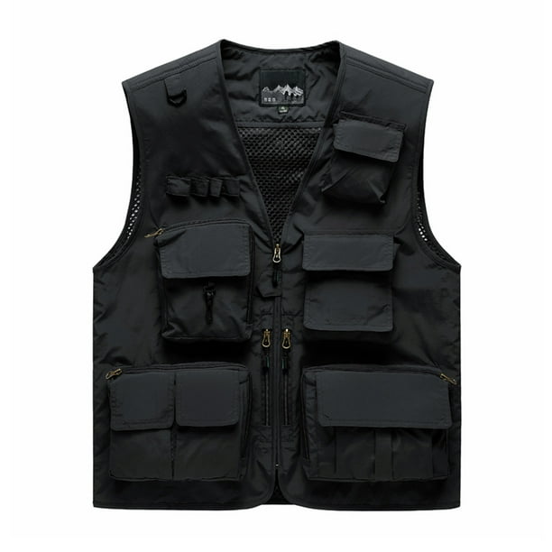Hombres Sólido Escote en V Malla informal Bolsillos múltiples Cremallera múltiple Blusa Trabajo al aire libre Tops Viaje Ghotography Chaleco Abrigos Pompotops oipoqjl29723