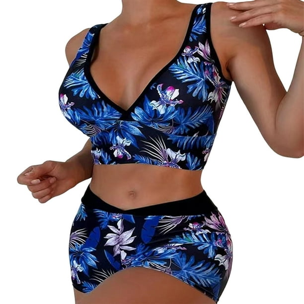 Gibobby Conjunto de traje de baño de bikini Bikini de cintura alta para mujer, bañadores sexys de dos piezas con realce, traje de baño Vintage, conjunto (Azul oscuro,XL)