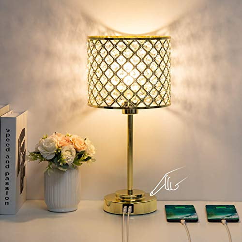 Touch Control Crystal Table Lamp with 2 USB Ports, Boncoo 3Way Dimmable Bedside Lamp Gold