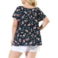 thumbnail image 3 of Agnes Orinda Women's Plus Size Floral Print Tops Hollow Out Tie Neck Short Sleeve Casual Summer Blouses 4X Navy Blue, 3 of 7