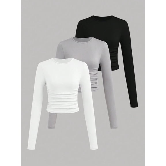 Women's Crew Neck Long Sleeve Cropped Top, Slim Fitted Side Ruched Basic Layering Shirt, Stretchy Casual Short Length Blouse for Daily Outing Workout and Everyday Matching Outfits