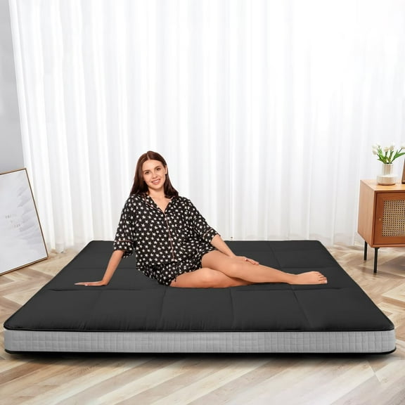 MOPHOTO Upgraded Extra Thick Japanese Futon Mattress, Floor Mattress with Storage Bag, Roll Up Mattress Tatami Mat, Folding Sleeping Padded Futon Mattress Portable Camping Mattress, Black, Full