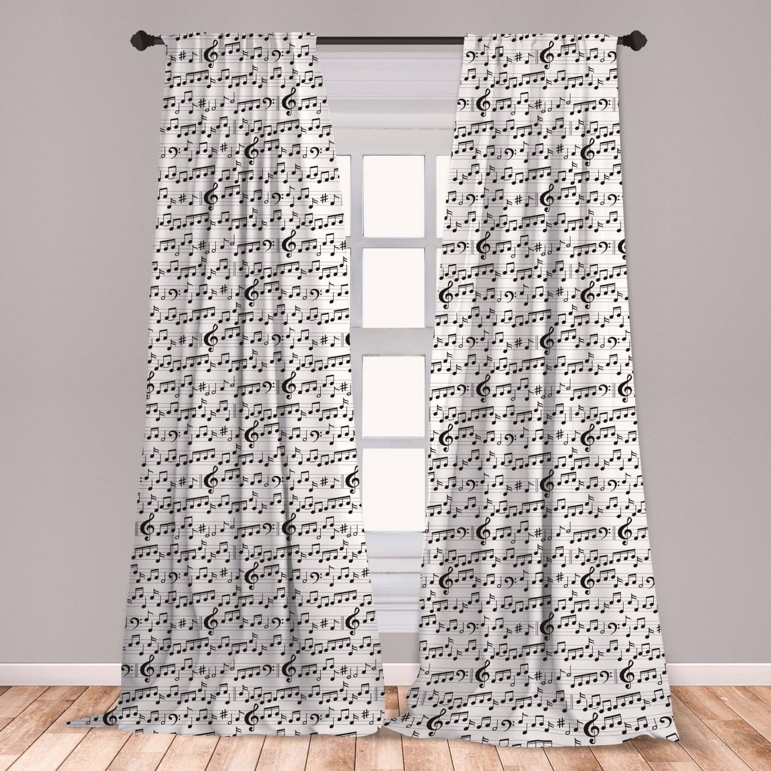 Music Curtains 2 Panels Set, Abstract Style Professional Music Pattern