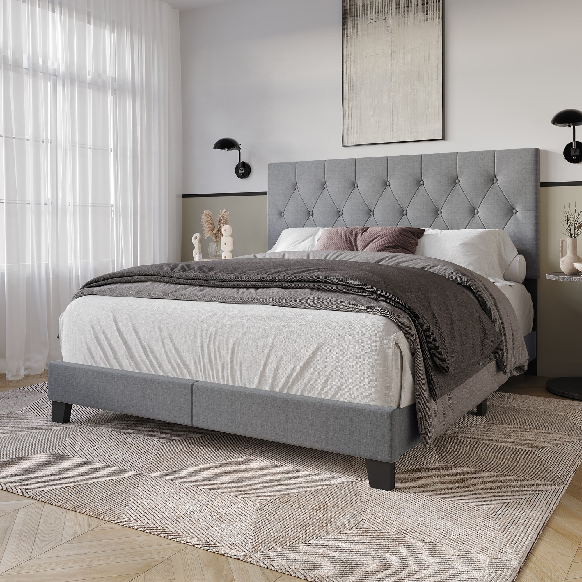 Home Design Dillon Twin Tufted Upholstered Panel Bed Frame with Button Tufting and Foam-Filled Headboard, Gray, Easy Assembly