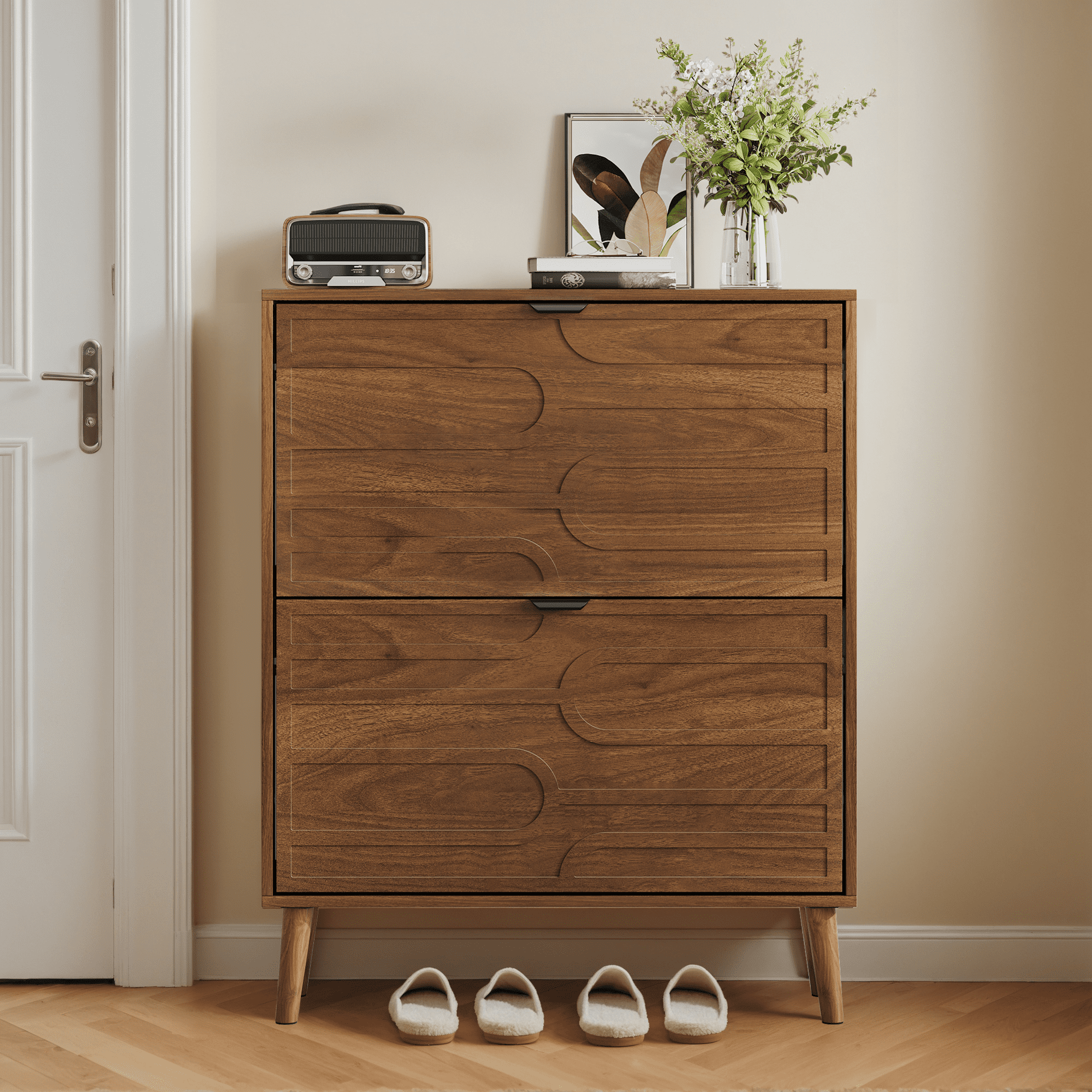 Leumius Medieval Modern Shoe Cabinet with 2 Flip Drawers,Walnut Shoe Storage Cabinet with Adjustable Shelves for Entryway