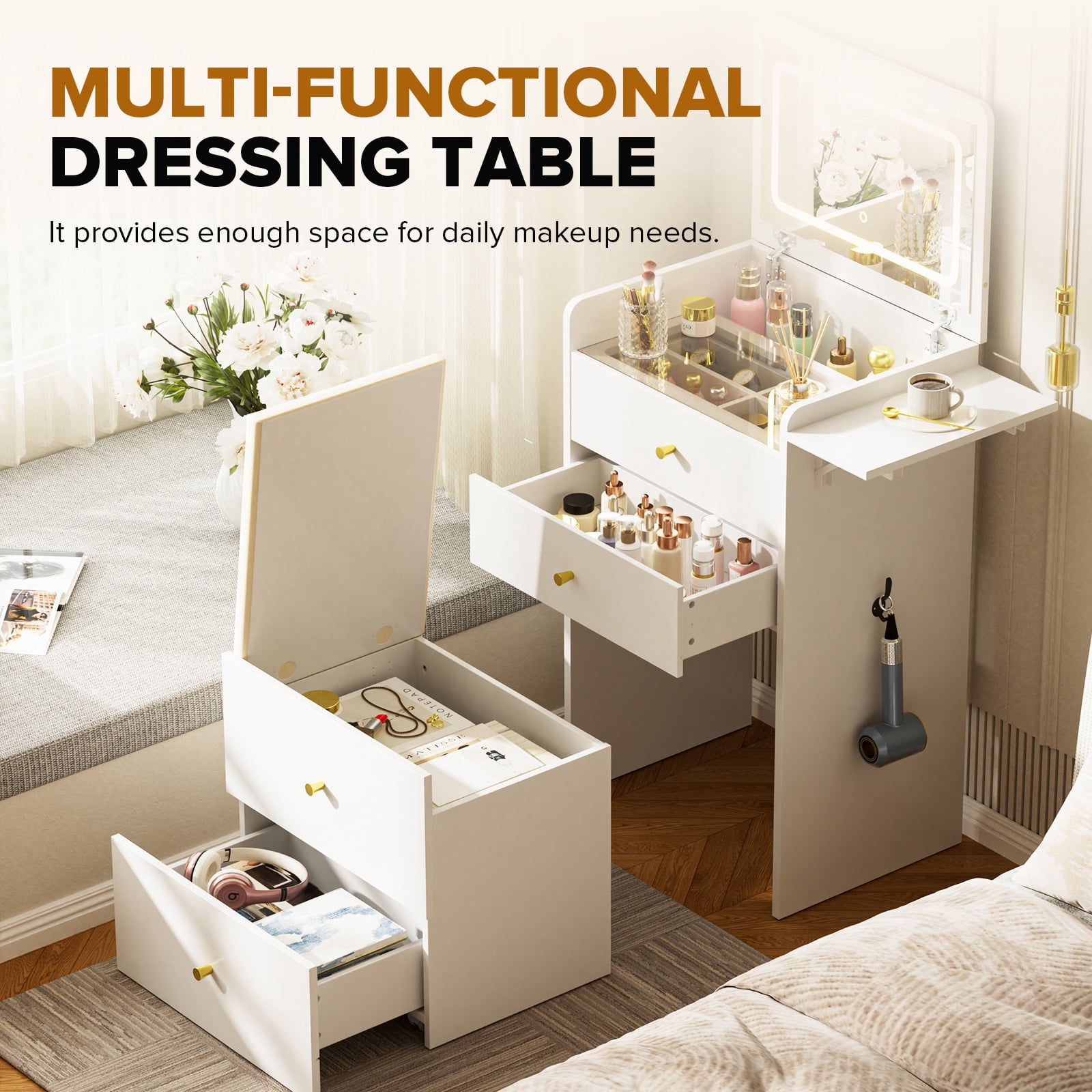 LUCKLIFE 3-in-1 Makeup Vanity Set with Lighted Flip Top Mirror & Storage Stool, Small Space Dressing Table with Foldable Side Tray, Glass Top Desk & Nightstand for Bedroom, White