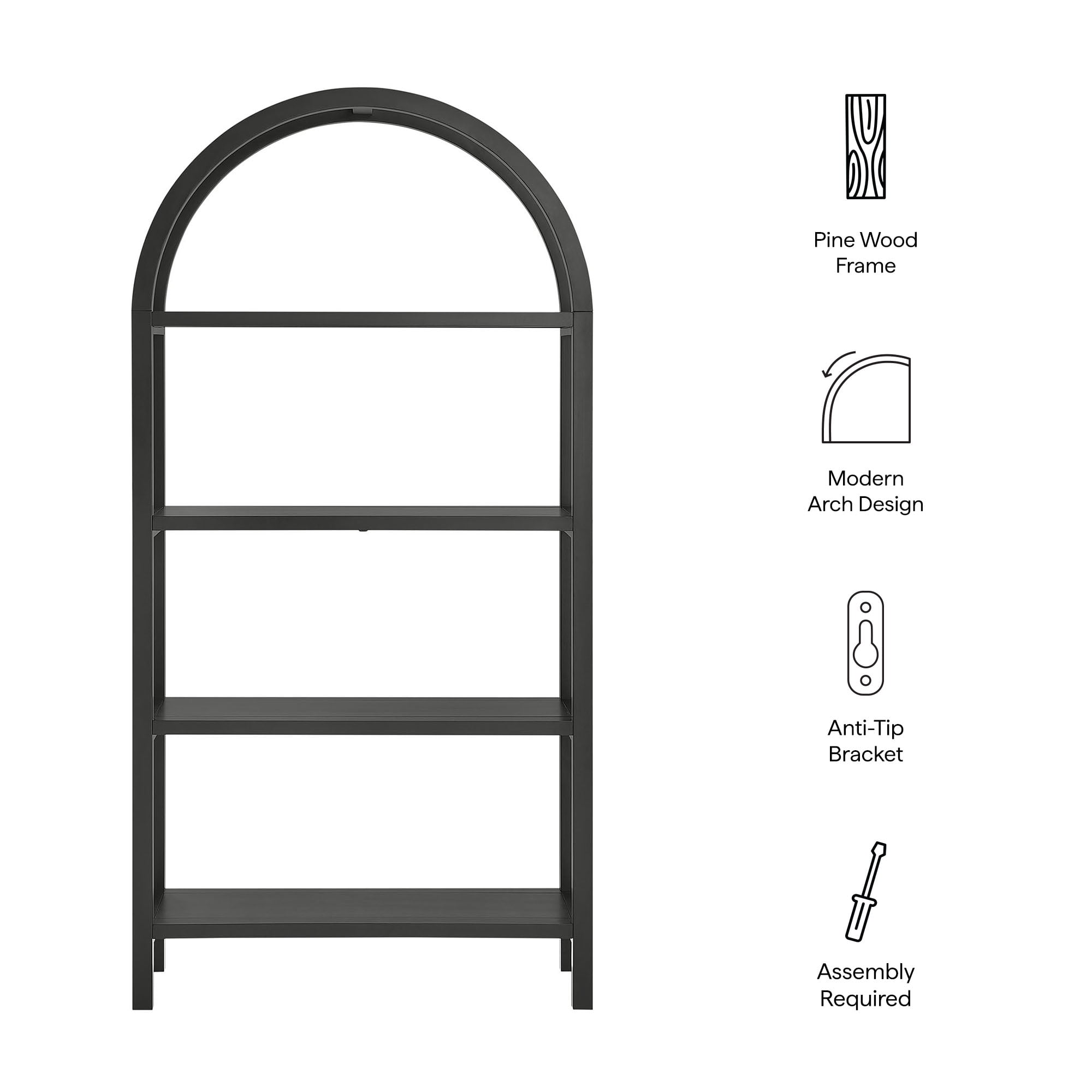 Vexley 72 Inch Large Arched Bookshelf in Black
