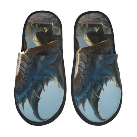 Balery Wild Blue Cool Dragon Slient Indoor Furry Fleece Comfort House Shoes Soft Non-Slip Home Shoes Cotton slippers House Slippers-- Large