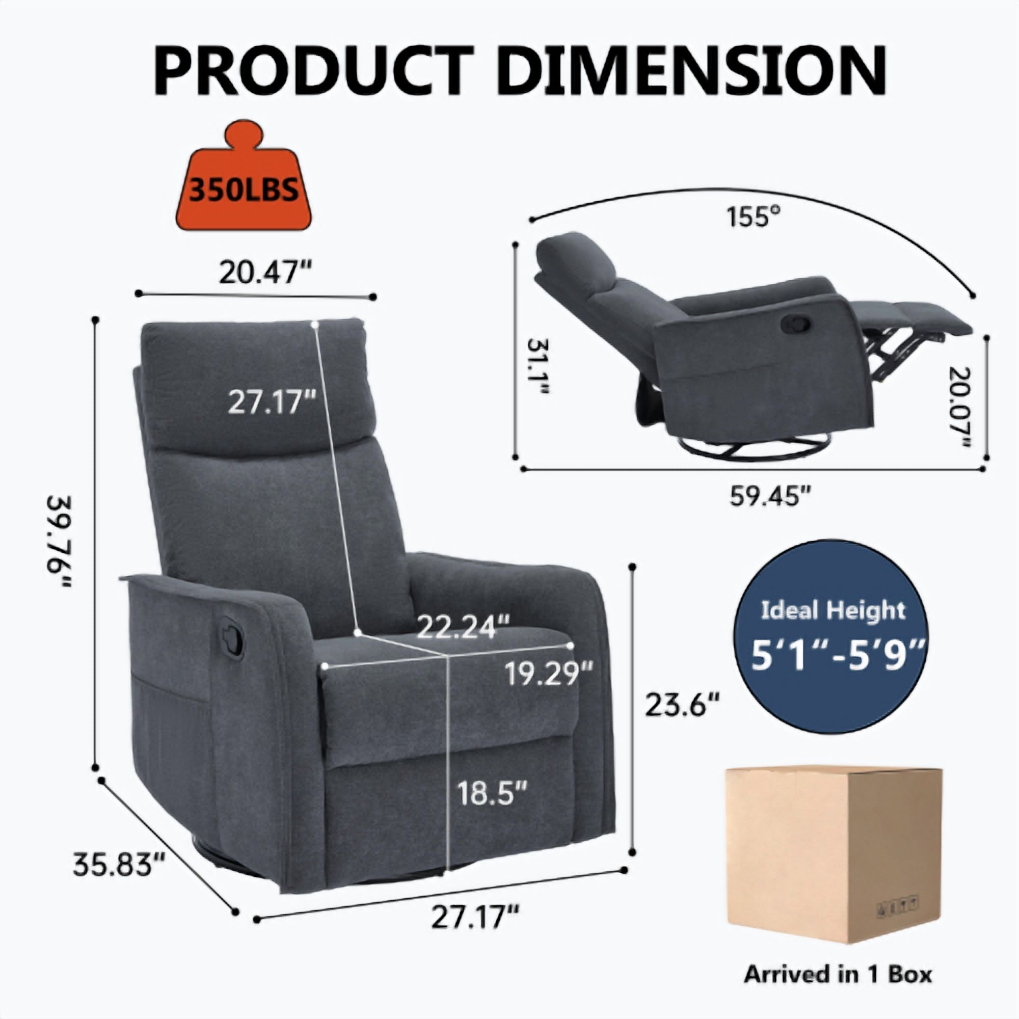 Leumius Recliner Chair with Massage and Heat,360° Manual Swivel Rocker Chair for Adults,Upholstered Fabric Glider Recliner Nursery Chair with Side Pockets for Living Room,Dark Gray