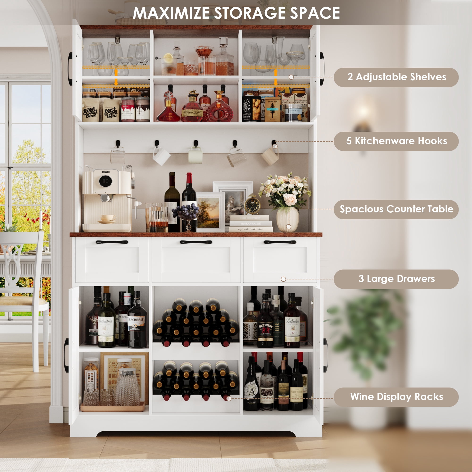 Homfa 71'' Tall Wine Bar Cabinet with Storage Hutch & 3 Drawers, Farmhouse Coffee Bar Cabinet Wine Rack with Adjustable Shelves for Kitchen Dining Room, White