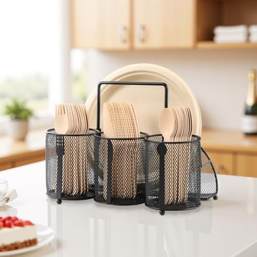 Metal Utensil Caddy Silverware Holder, Paper Plate Holder Cutlery Container,Plate Organizer Flatware Storage Basket Party Camping Picnic Buffet RV BBQ Farmhouse Kitchen Countertop