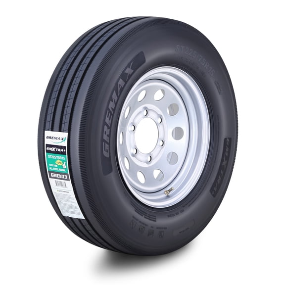 GREMAX All Steel Trailer Tire Wheel Assembly ST225/75R15 14-Ply G 123/119M w/6 Lug on 5.5" PCD Silver Mod Wheel