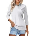thumbnail image 2 of Women's Polo Shirts Cotton 3/4 Sleeve Tops Summer Collared V-Neck Button Down Golf Shirt Work Casual Blouse,White S, 2 of 5