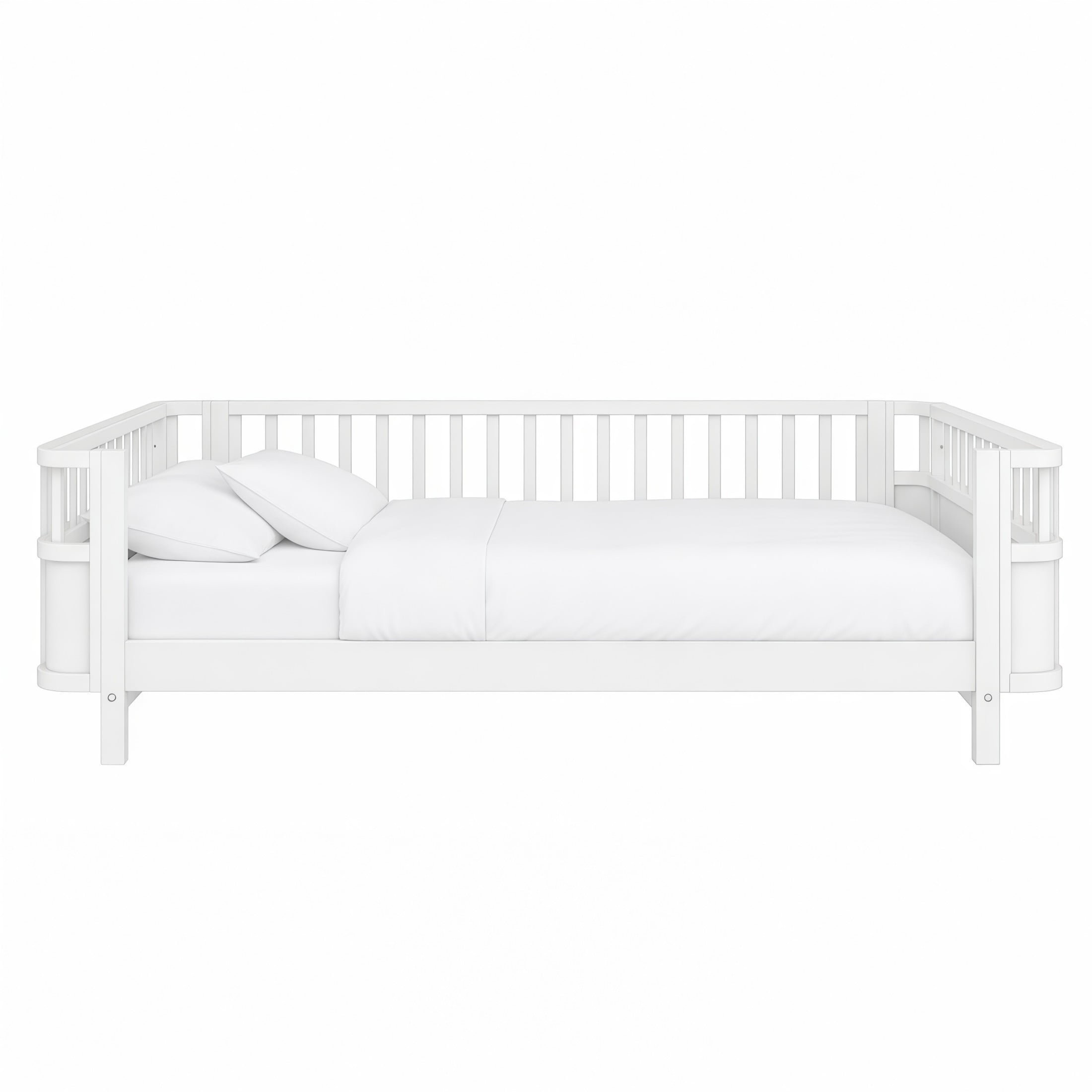 GDF Studio Darpel Full Size Wooden Montessori Bed Frame with Guard Rails, Pine Wood Low-Profile Floor Kids Bed, White
