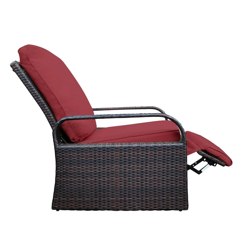 Red Adjustable Wicker Outdoor Recliner with Water Resistant Cushions