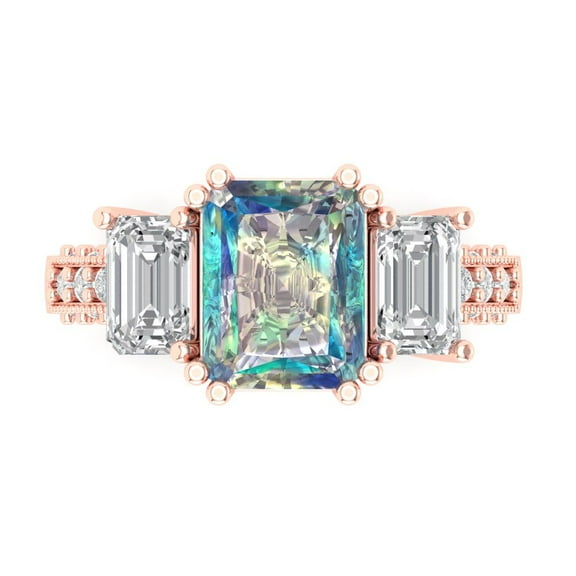 4.27 ct Emerald Cut Blue Moissanite 3 Stone 14K Rose Gold Womens Engagement Ring