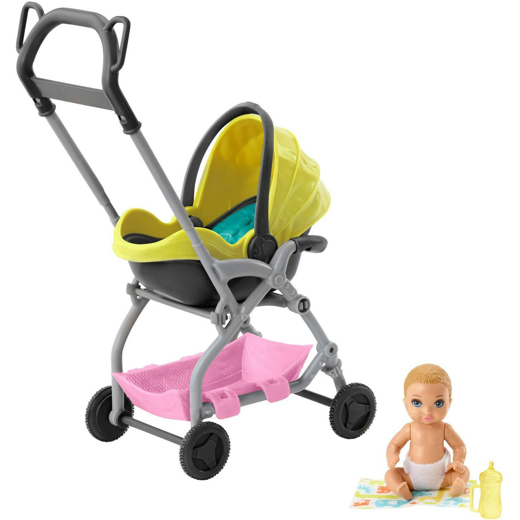 Barbie Babysitters Skipper Poupée et coffret de jeu Poussette et bébé  avec biberon jaune