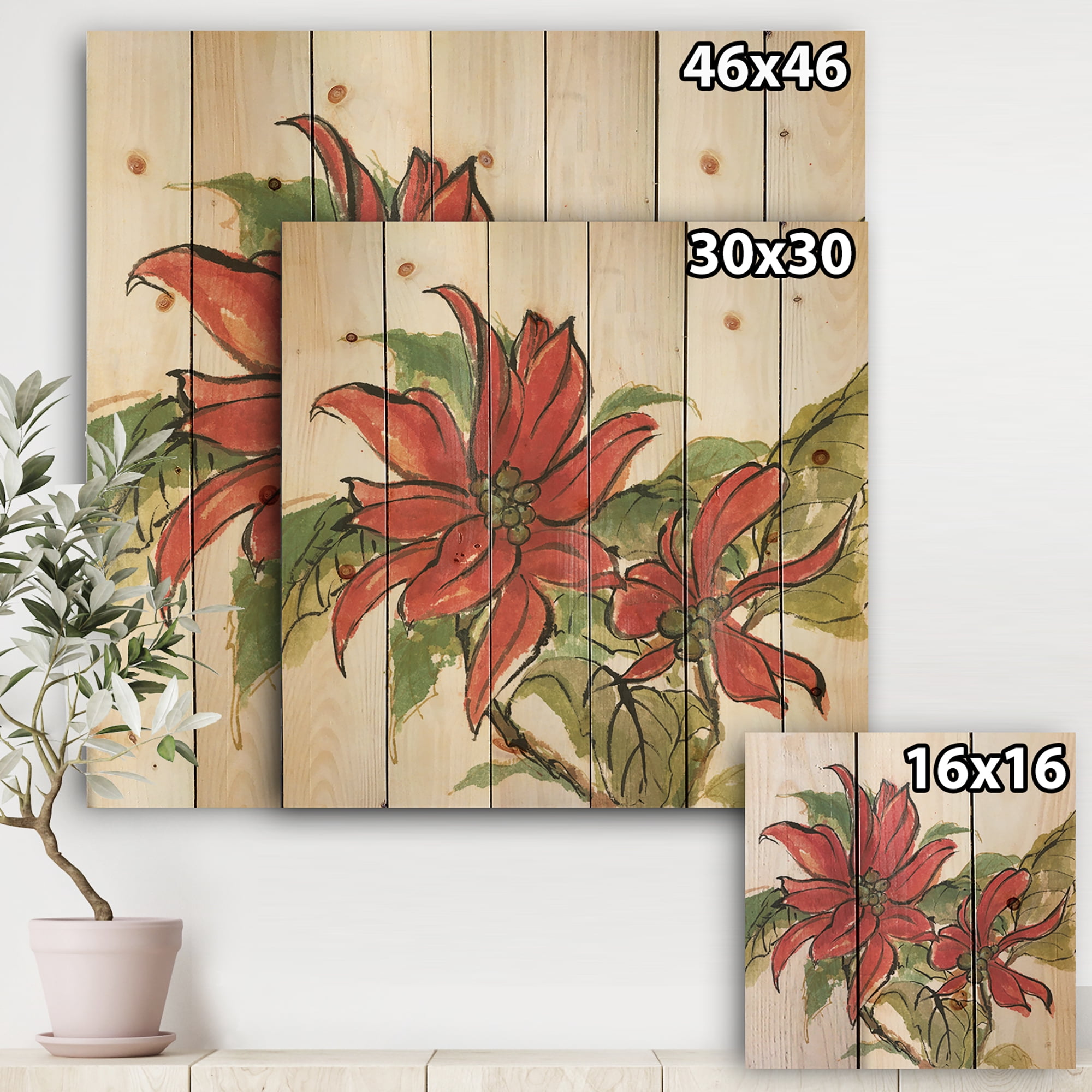 Designart 'Poinsettia II' Farmhouse Print on Natural Pine Wood