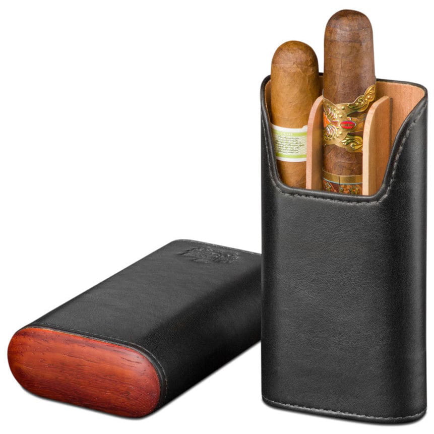 Cigar Case Black Leather Spanish Double Corona For 3 Cigars Gift Boxed New 